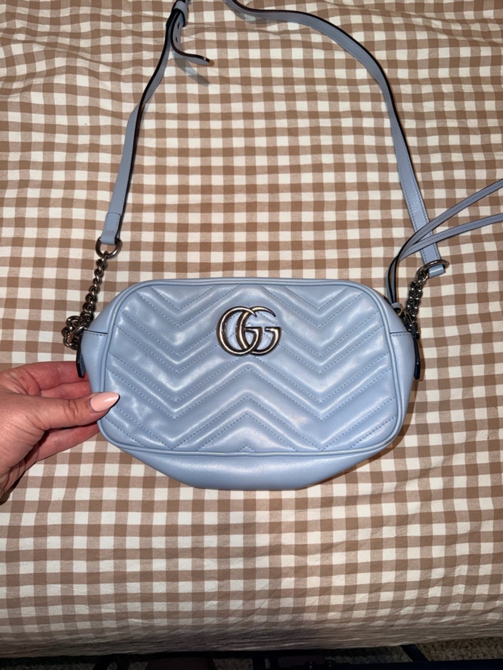 Gucci Pale Blue Chevron Quilted Leather Crossbody with Silver GG